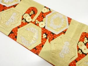 アンティーク　ヱ霞に蝶・桐・菊模様織り出し袋帯（着用可）